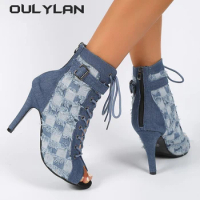 Fashion Shoes Fish Mouth Cool Boots Women Autumn Comfortable Hollow Out Heels High Heels Dance Sandals Denim Blue Large Size