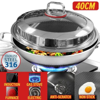 READY STOCK KATA Double Sided Honeycomb Wok 40cm Double Ear Handhold 316 Stainless Steel Pan Wok Wit
