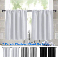 Blackout Kitchen Short Curtains Waffle Weave Tier Window Curtain Rod Pocket Living Room Bedroom Solid Small Panels Drapes Decor