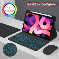 Round Cap Backlit Keyboard Mouse Case For iPad 10.2 9th Gen 8th 7th Pro 11 2021 Pro 10.5 Air 5 Air 4 10.9 PU Leather Cover