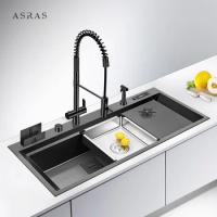 Asras SUS304 black nano handmade sink with cup washer with drain and kitchen faucet-11850NX-1