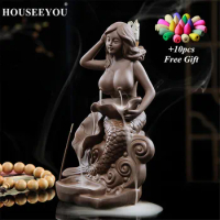 Beauty Sexy Mermaid Figure Incense Burner Holder Backflow Ceramic Sticks Waterfall Cones Agarwood Herbal Coil Censer Home Decor