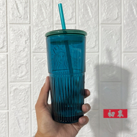 海外星巴克杯子2023藍綠系列女神立體紋款冷用玻璃吸管大容量桌面喝水杯550ml