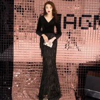 weiyin Evening Dresses Long V Neck Long Sleeves Sequined Elegant Formal Party Gowns Velour Evening Gowns Robe De Soiree WY1254