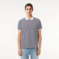 【LACOSTE】男裝-L.12.12 條紋棉質短袖 Polo 衫(白/海軍藍)