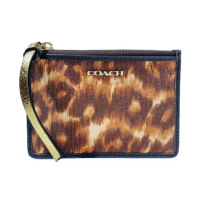 COACH 專櫃款  咖啡色織布材質豹紋圖案鑰匙零錢包-附禮盒