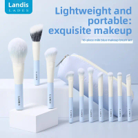 Set of 10 light blue makeup brushes, soft and gentle on the skin. Small, portable makeup brush set f