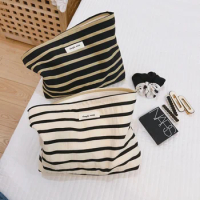 Women's cosmetic bag large Japanese style travel make up bag strip cotton cloth makeup bag for girls School pencil cases new