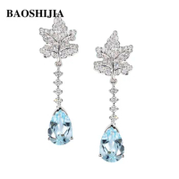 BAOSHIJIA Solid 18k White Gold Leaf Genuine Diamond Stud Earrings Women's Natural Water Drop Aquamarine Jewelry Beautyful