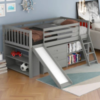 Low Loft Bed with Attached Bookcases and Separate 3-tier Drawers, Convertible Ladder and Slide, Twin, Sturdy Construction