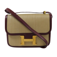 【二手名牌BRAND OFF】HERMES 愛馬仕 米色 酒紅色 帆布 Box 牛皮 Constance 24 肩背包 金扣 ○L刻