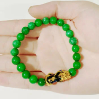 Golden PIXIU Bracelet For Women Men Green Stone Beads Couple Energy Bracelet Bring Lucky Brave Wealth Feng Shui Bracelets