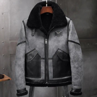 2019 New Mens Gray B3 Shearling Jacket Sheepskin Coat Leather Jacket Fur Coat Airforce Flight Jacket
