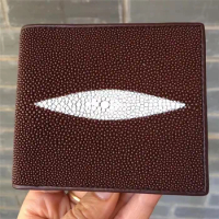 Authentic Real True Stingray Skin Unisex Men's Short Brown Trifold Wallet Genuine Leather Male Card Holders Small Clutch Purse