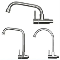 SUS304 Stainless Steel Brushed Faucet Kitchen Wall-mounted Single Cold Faucet 360 Degree Rotating Horizontal Tap