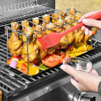 BBQ Chicken Wing Leg Grill Rack Even-Heat With Drip Pan Multipurpose Stainless Steel Roasting Holder Set