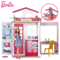 Barbie Doll Flashing Holiday House Barbie House &amp; Doll Kit Cute Room Baby Girl Toys Gift Poppenhuis Casa de Boneca DVV48