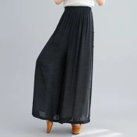 Chinese Style Bottom For Women Cotton Linen Pants Woman Orient Loose Wide Leg Trousers Split Breathable Casual Outfit 12002