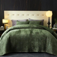 Velvet Quilt King Size,Oversized Bedspread Bedding Set,Soft Coverlet Set Lightweight 2 Pillow Shams,Army Green,Striped Quilt Set