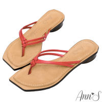 (季末換季出清)Ann’S水洗牛皮-小羊皮細帶夾腳歐美斜方頭涼拖鞋3cm-紅