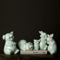 青釉豬生肖豬擺件新中式陶瓷擺件豬 影青創意家居客廳辦公室陶瓷