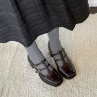 【WYPEX】法式雙帶真皮瑪莉珍鞋女鞋 粗跟高跟不露趾涼鞋