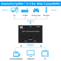 144Hz 1.4 Bi-direction Splitter Switcher Displayport 2X1 1X2 8K@30Hz,4K@120Hz Dual Mode Switch at Will Support 8K@30Hz