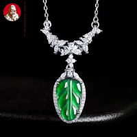 Alam Sebuah jadeite yang hijau daun set rantai es batu giok liontin S925 perak bertatahkan batu giok