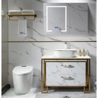 Intelligent round mirror luxury stainless steel bathroom cabinet combination rock washbasin Nordic bathroom cabinet washstand