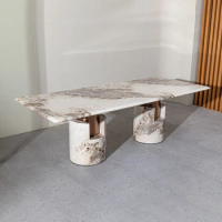 Marble Long Dining Table Steel Stand Luxury Stainless Steel Brushed Base Dining Table