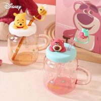 disney glass mug with straw gelas kaca dengan sedotan pooh lotso