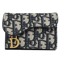 Christian Dior Saddle 滿版緹花LOGO釦式零錢包(深藍)