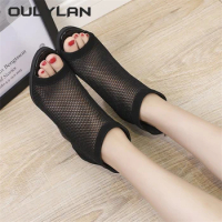 New Fashion Summer Hollow Sexy Boots Women Mesh Thick Heel Sexy Leopard Black Large Sandals Fish Mouth Dance Shoes NEW