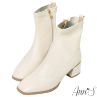 【Ann’S】純色羊皮真皮電鍍夾心粗跟方頭短靴5cm(米白)
