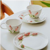 餐具ins風少女心可愛浮雕陶瓷套裝郁金香花朵盤子飯碗水杯