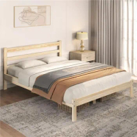 Wooden Platform Bed Frame with Paneled Headboard,Sturdy Queen size Wood Bed Frame