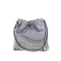 【CHANEL 香奈兒】新款CHANEL mini 22 菱格紋縫線閃亮小牛皮銀扣肩背包(灰色)