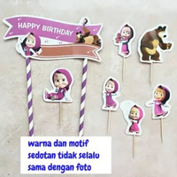 satu set cake topper hiasan kue ulang tahun tema Masha and The Bear