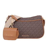 【Michael Kors】JET SET系列 寬背帶 拉鍊開合 斜背包 / AIRPODS保護袋(字母咖)