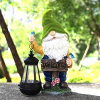 Easter Fairy Garden Gnome to Welcome, Country Gnome with Solar Powered LED Light Resin Elfin Yard Décor