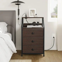 Nightstand Set of 2,Brown Night Stands with Charging Station,with 3 Fabric Drawers and 2-Tier Storage Shelves,Modern Side Table