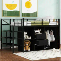 Twin/Full Size Metal Loft Bed with Drawers, Storage Staircase and Small Wardrobe,Youth bed, single bed, children's bed