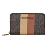 MK MICHAEL KORS 金屬LOGO緹花條紋設計PVC拉鏈零錢包(棕褐x奶茶x橡子棕)
