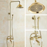 Bathroom Shower Faucet Gold Color Brass Rain Shower Head with Handheld Shower Bathtub Wall Mounted S