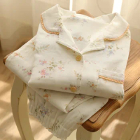 Sweet Beige 100% Cotton Pajama Sets For Women Spring Autumn Floral Print Long Sleeve Loose Casual Comfortable Sleepwear