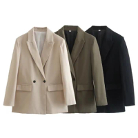 TRAF 2024 Office Blazer Woman Double Breasted Jacket Women Winter Office Wear Blazer Women Coat Long Sleeve Jackets for Women