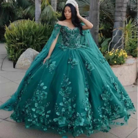 Dark Green Tulle Appliques Evening Dresses Ball Gown Prom Evening Cap Sleeve Birthday Party Dress Lace Up Luxury Graduation Gown