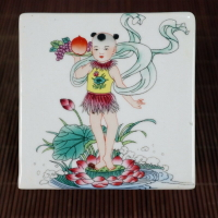 古玩收藏擺件 粉彩博古紋鏤空花盆托小八仙桌 仿古瓷器蓮花童子