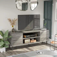 TV Stand for 65In TV,Modern Entertainment Center w/ Storage Cabinet &amp; Open Shelves,Console Table Media Cabinet,Gray/Brown/White