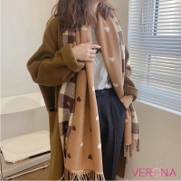 【Verona】韓系仿羊絨雙面格子愛心流蘇披肩圍巾